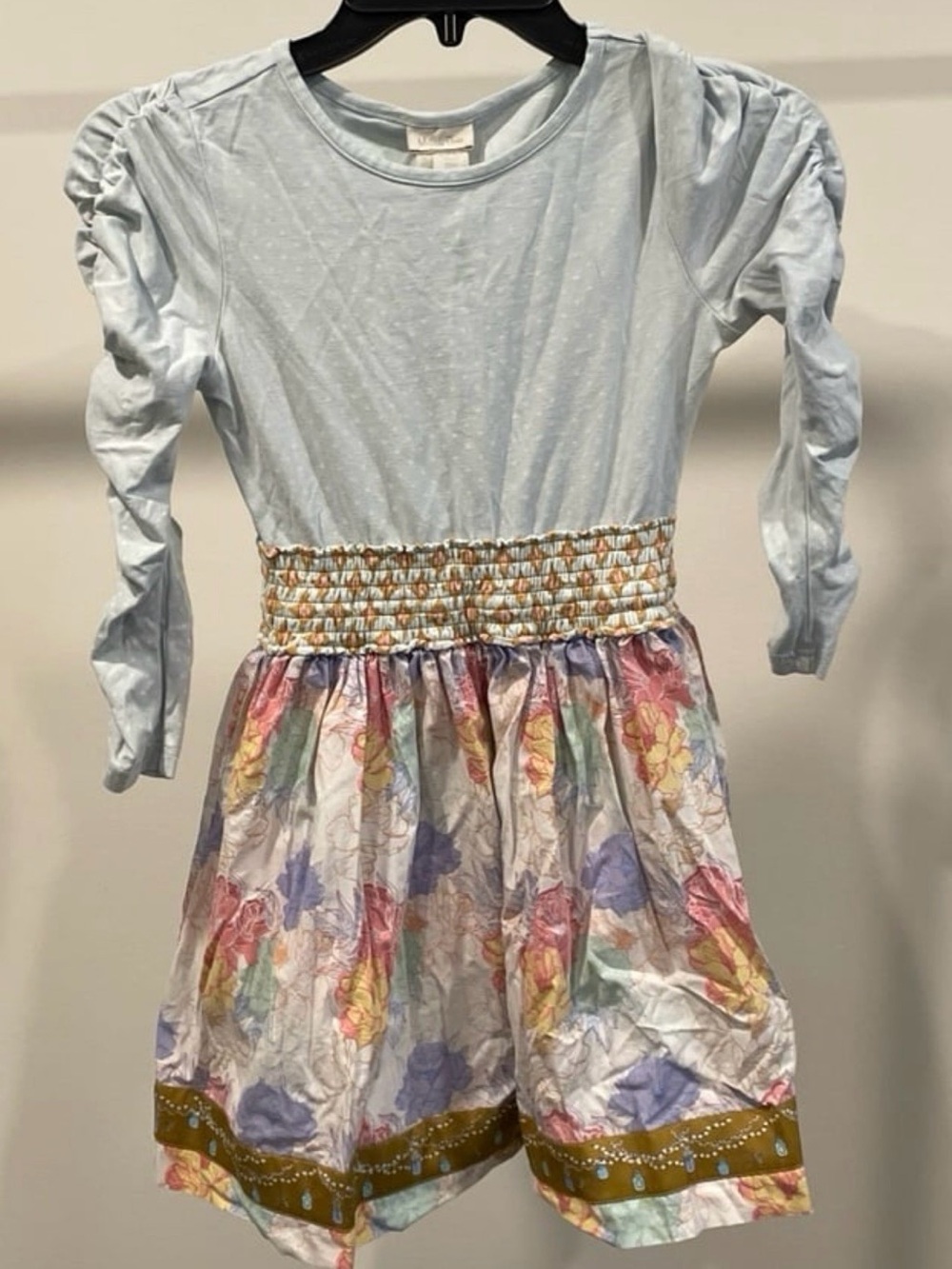 Matilda Jane Girls Long Sleeve Dress Size 10 Lt Blue W/Multi Color Floral Skirt